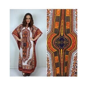 vintage 70s STAR PRINT angel sleeve DASHIKI osfm maxi dress cotton caftan kaftan